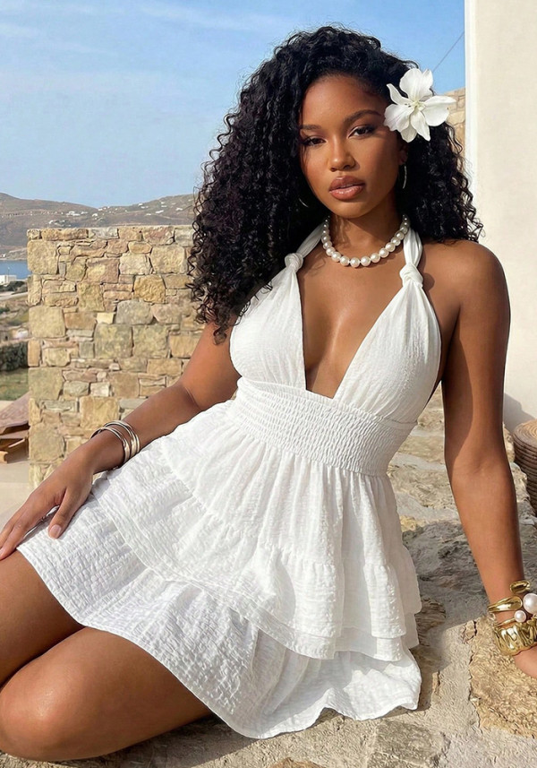 Women Fashion Beach Holidays Halter Neck Sexy Low-Cut Solid Ruffle Dress