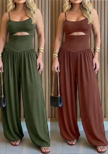 Summer Women Open Waist Halter Low Back Tie Loose Jumpsuit