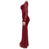 Women Sexy Round Neck Lace Long Sleeve Dress