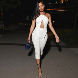 Women Metal Ring Halter Neck Top and Cropped Pants Two-Piece Set