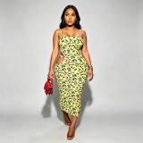 Women Sexy Butterfly Print Cutout Waist Strap Midi Dress