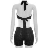 Women Sexy Hollow-Out Solid Halter Neck Lace-Up Backless Romper