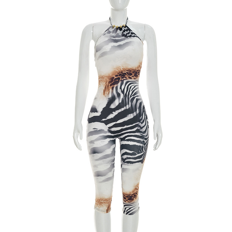 Printed Halter Backless Cropped Jumpsuit for Summer Casual