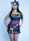 Women Print Halter Neck Dress Lace Trim Slim Bodycon Mini Dress