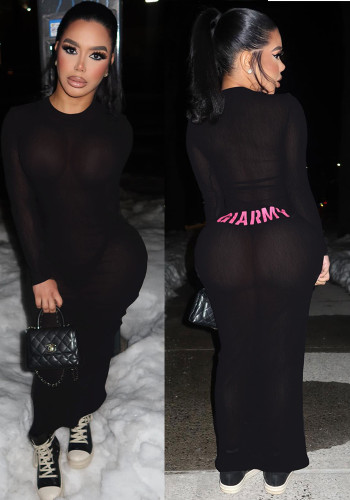 Women Fashion Casual Letter Print Sexy Mesh See-Through Long Dress