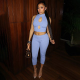 Women Solid Mock Neck Hollow-Out Tank Top and Cropped Pants Two-Piece Set