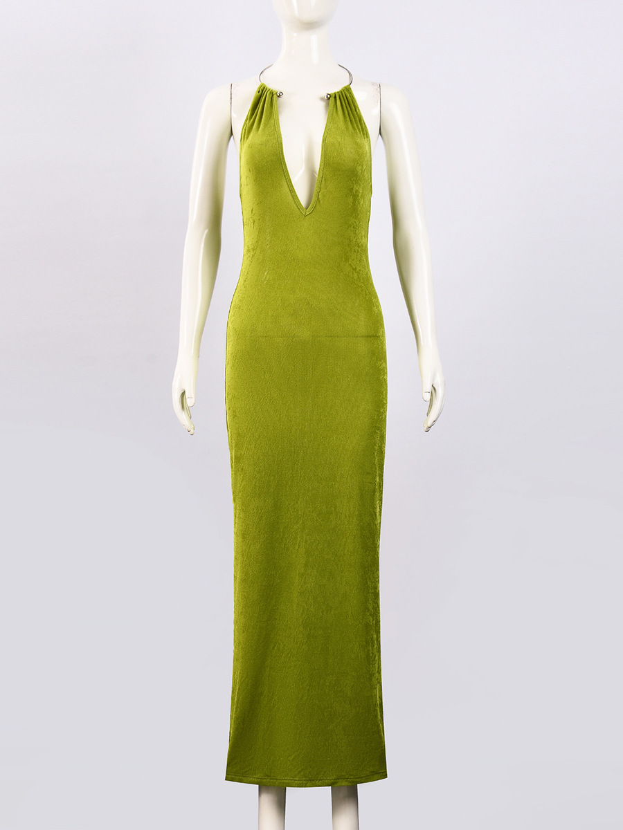 Metal Halter V-Neck Maxi Dress for Evening Parties