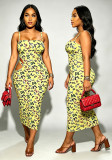 Women Sexy Butterfly Print Cutout Waist Strap Midi Dress