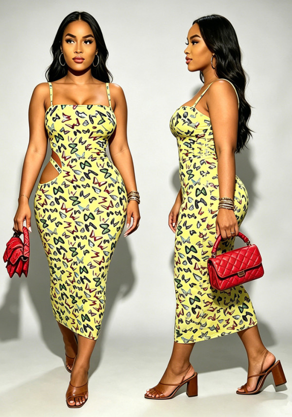 Women Sexy Butterfly Print Cutout Waist Strap Midi Dress