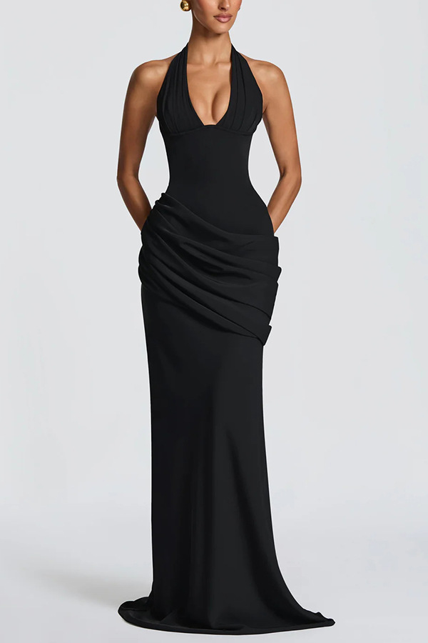Solid Tie-Accent Sleeveless Backless Dress for Evening Wear
