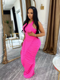 Women Ruched Halter Neck Backless Sexy Solid Bodycon Maxi Dress