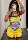 Women Skull Print Halter Neck Strap Dress Yellow Lace Ruffle Slim Waist Mini Dress