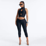 Women Solid Mock Neck Hollow-Out Tank Top and Cropped Pants Two-Piece Set