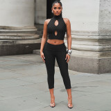 Women Solid Mock Neck Hollow-Out Tank Top and Cropped Pants Two-Piece Set