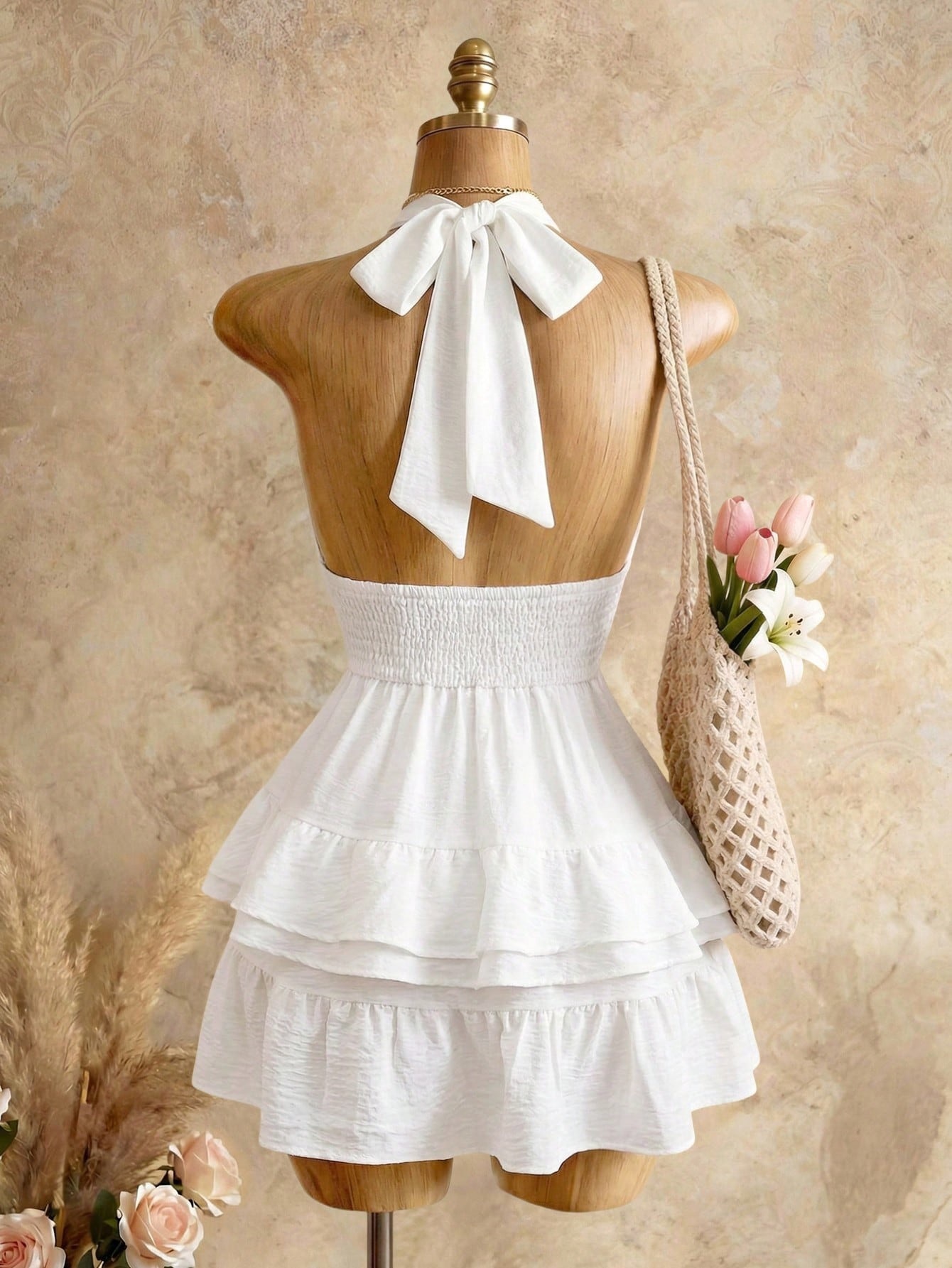 Solid Halter Low-Cut Ruffle Dress for Beach Holidays