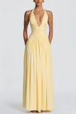 Women Solid Deep V Halter Neck Tie-Accent Sleeveless Split Dress