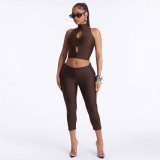 Women Solid Mock Neck Hollow-Out Tank Top and Cropped Pants Two-Piece Set