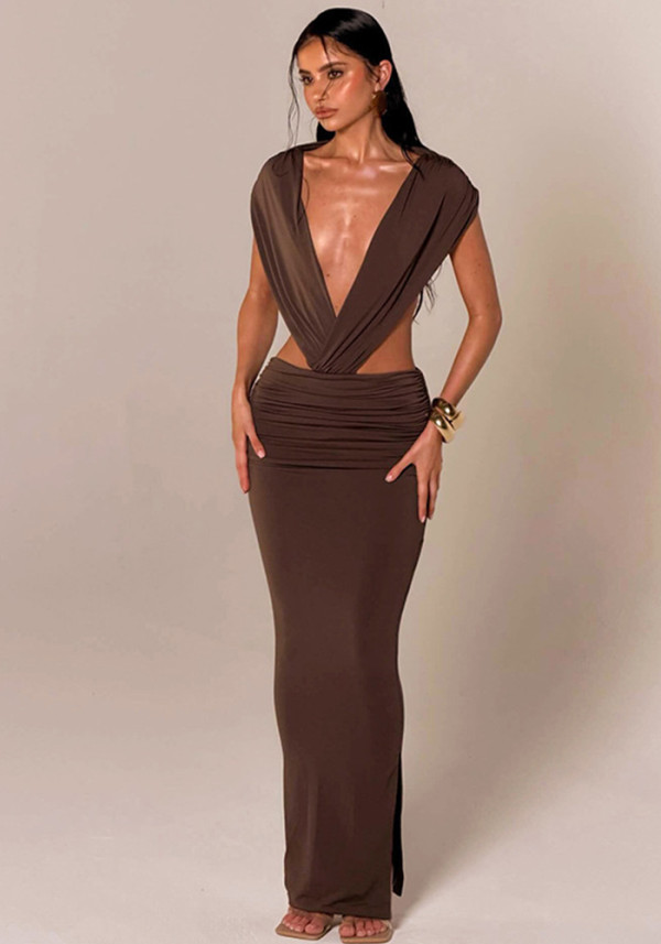 Summer Women Solid Casual Sleeveless Halter Neck Low Back Fitted Bodycon Long Dress