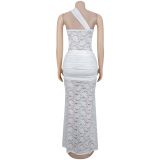 Women Sexy Lace Slash Shoulder Ribbon Bodycon Dress