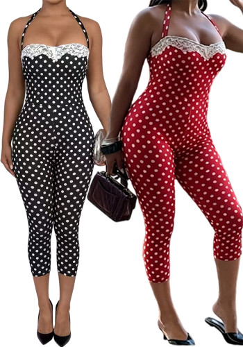 Women Fashion Sexy Polka Dot Patchwork Lace Halter Neck Lace-Up Top