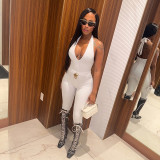 Women V-Neck Halter Neck Lace-Up Cropped Jumpsuit