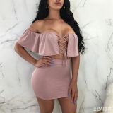 Women Solid Lace-Up Ruffle Top & Bodycon Mini Skirt Set