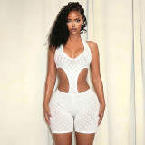 Women Sexy Hollow-Out Solid Halter Neck Lace-Up Backless Romper