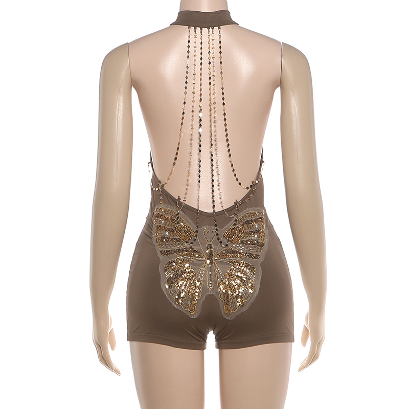 Beaded Chain Halter Backless Bodysuit for Spring Clubwear