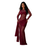 Women Sexy Round Neck Lace Long Sleeve Dress