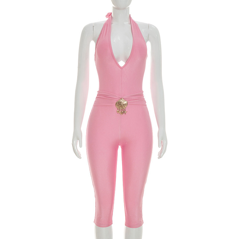 V-Neck Halter Lace-Up Cropped Jumpsuit for Summer