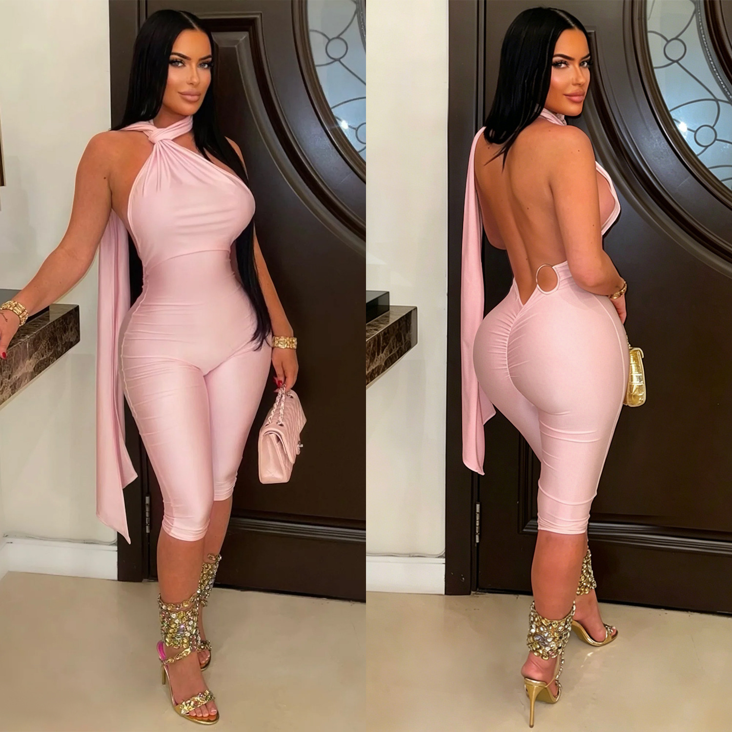 Solid Backless Bodycon Jumpsuit for Casual Clubwear