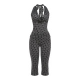 Women Spring Sexy Halter Neck U-Neck Tank Top and Polka Dot Cropped Pants Two-Piece Set