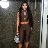 Women Solid Mock Neck Hollow-Out Tank Top and Cropped Pants Two-Piece Set