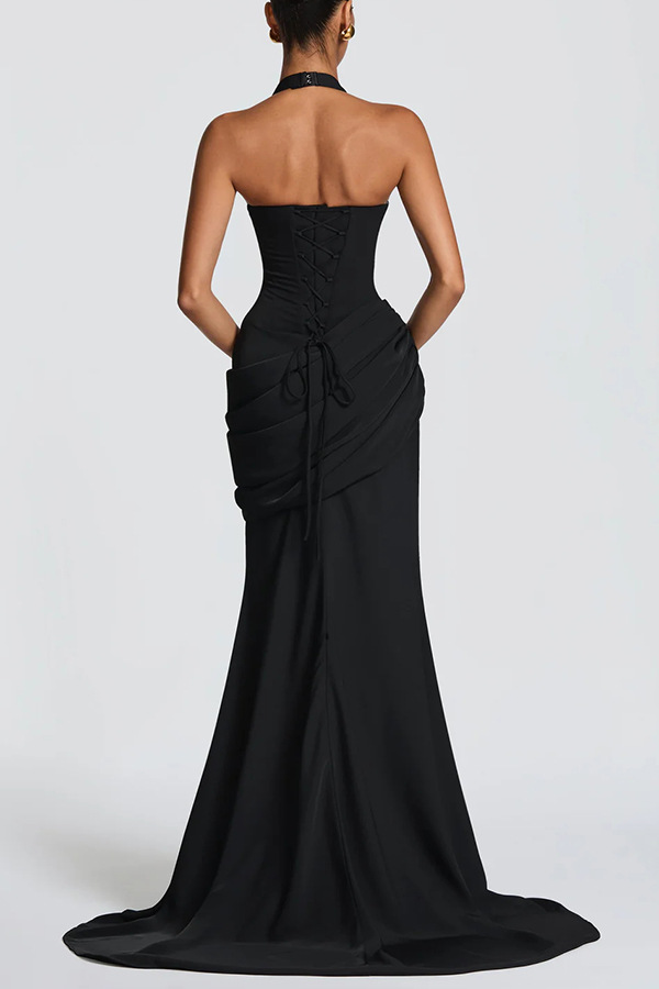 Solid Tie-Accent Sleeveless Backless Dress for Evening Wear
