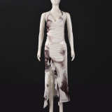 Women Spring & Summer Color-Block Off-Shoulder Neck-Tie Printed Irregular Sling Dress