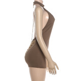 Women Spring Sexy Backless Beaded Chain Halter Neck Bodysuit