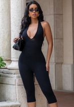 Summer Women Solid Sexy Sleeveless Low Back Lace-Up Halter Neck Cropped Jumpsuit Summer Women Solid Sexy Sleeveless Low Back Lace-Up Halter Neck Cropped Jumpsuit