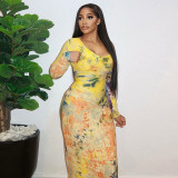 Women Printed Round Neck Long Sleeve Bodycon Dress