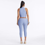 Women Solid Mock Neck Hollow-Out Tank Top and Cropped Pants Two-Piece Set