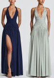 Women Solid Deep V Halter Neck Tie-Accent Sleeveless Split Dress