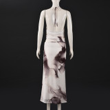 Women Spring & Summer Color-Block Off-Shoulder Neck-Tie Printed Irregular Sling Dress