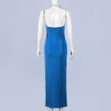 Women V-Neck Metal Halter Neck Maxi Dress