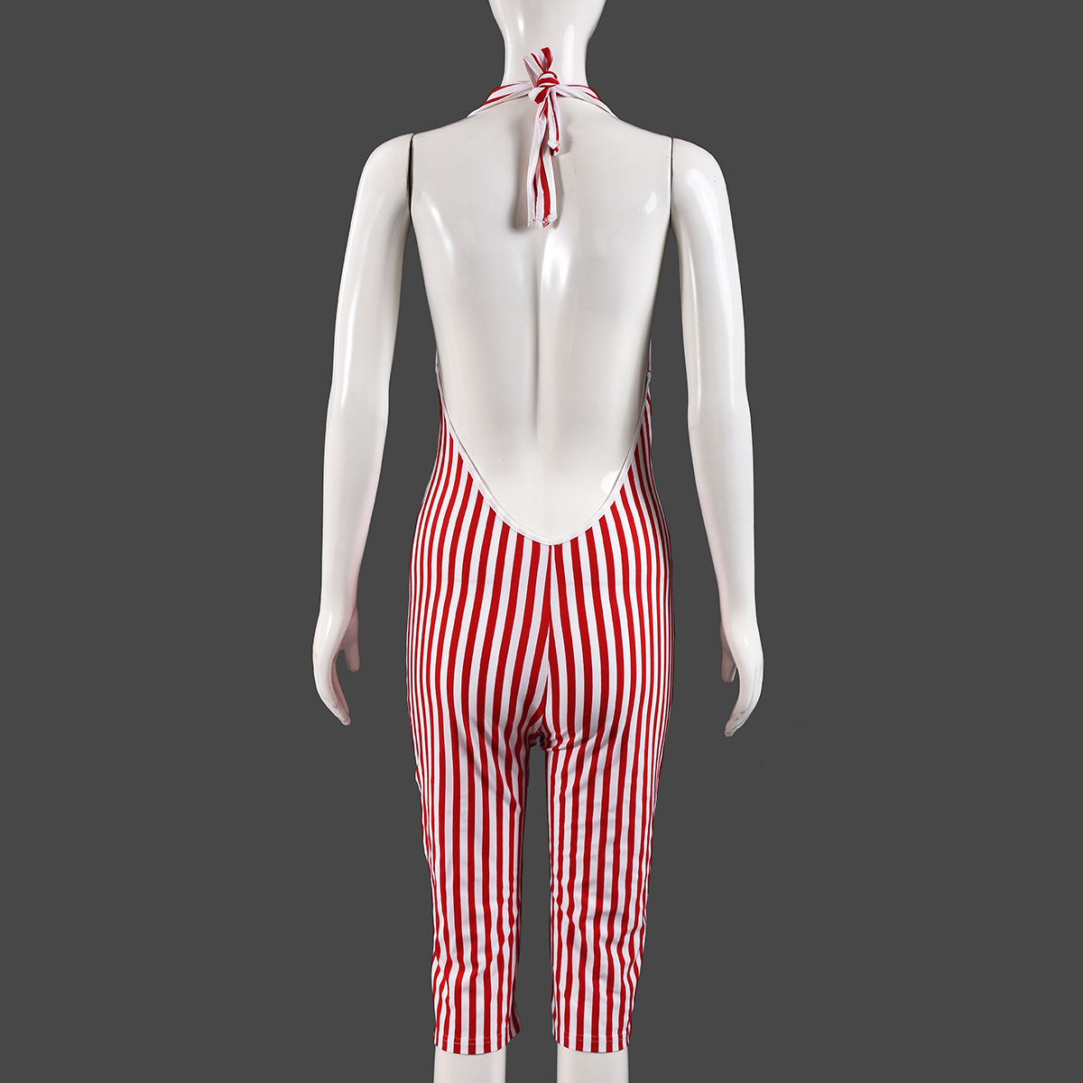 Striped Hollow-Out Backless Lace-Up Jumpsuit for Clubwear