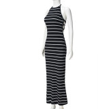 Women Striped Color-Block Woven Sexy Hollow-Out Stretchy Sling Halter Neck Bodycon Dress