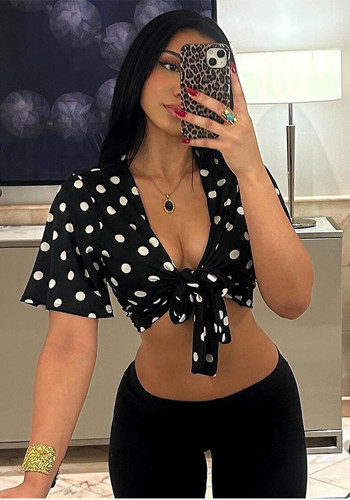 Summer Women Sexy Polka Dot Print Short Sleeve Lace-Up Crop Top