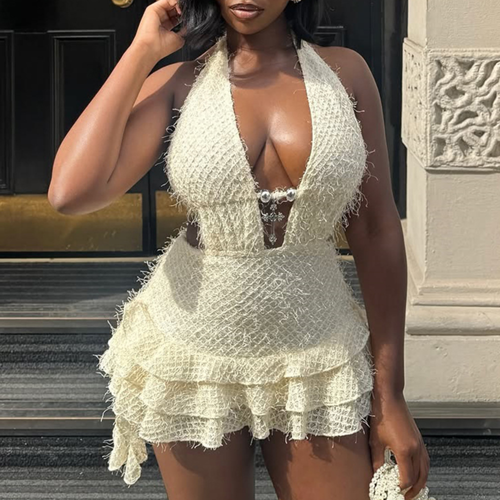 Hollow-Out V-Neck Lace-Up Backless Puff Dress for Summer