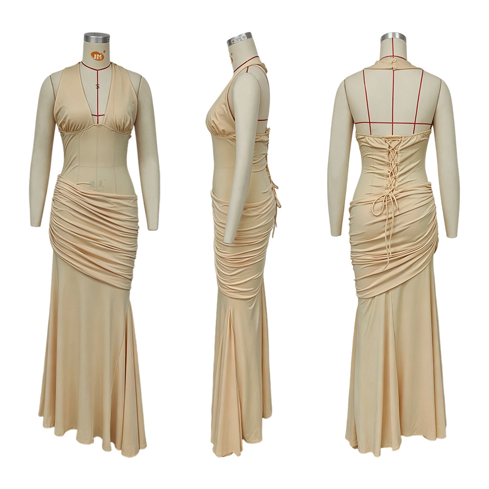 Solid Tie-Accent Sleeveless Backless Dress for Evening Wear