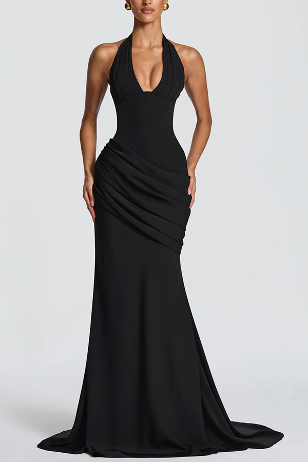 Solid Tie-Accent Sleeveless Backless Dress for Evening Wear