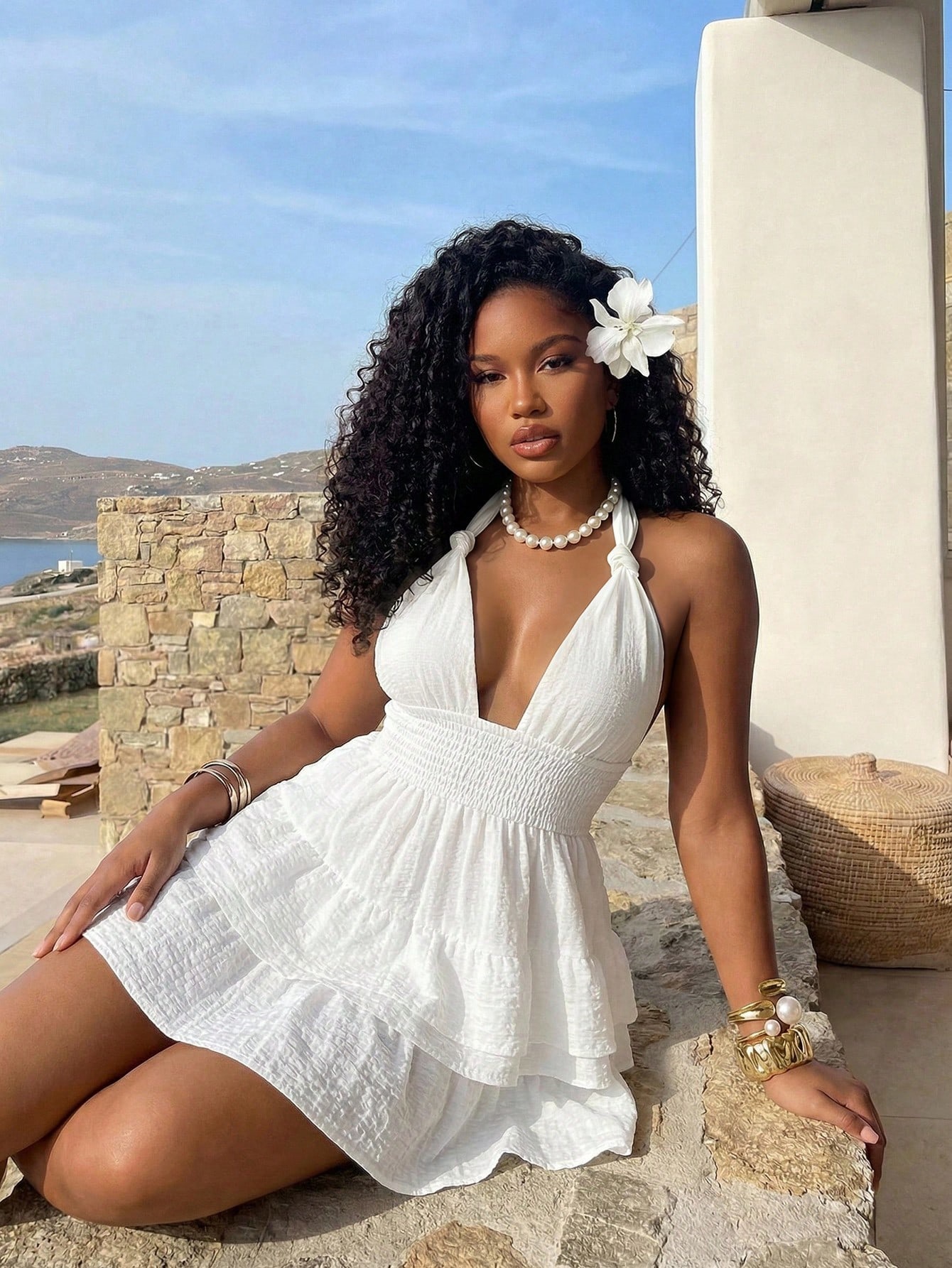 Solid Halter Low-Cut Ruffle Dress for Beach Holidays