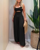 Summer Women Open Waist Halter Low Back Tie Loose Jumpsuit